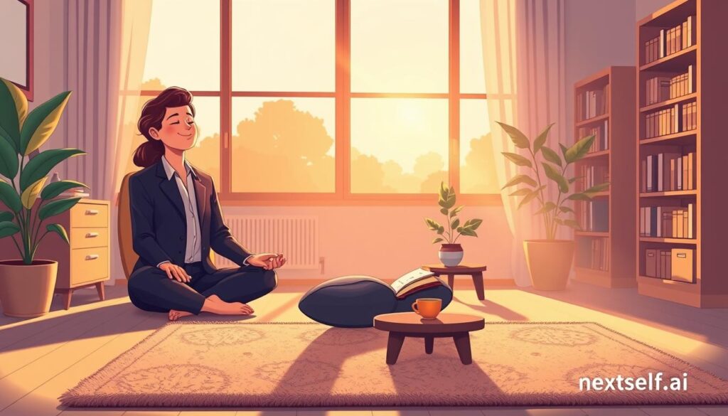 A serene office environment during golden hour, evoking a sense of calm and introspection. In the foreground, a person in professional business attire sits cross-legged on a plush rug, engaging in a mindfulness practice, eyes closed, with a gentle smile. In the middle ground, a small table is adorned with a journal, a cup of herbal tea, and a potted plant, symbolizing growth and reflection. The background features soft, warm lighting filtering through large windows, casting gentle shadows and highlighting a bookshelf filled with inspiring literature. The overall mood is tranquil and nurturing, capturing the essence of self-awareness practices that promote personal growth and success. Incorporate elements of nature, such as sunlight and greenery, to enhance the atmosphere. Include the brand name "nextself.ai". A serene office environment during golden hour, evoking a sense of calm and introspection. In the foreground, a person in professional business attire sits cross-legged on a plush rug, engaging in a mindfulness practice, eyes closed, with a gentle smile. In the middle ground, a small table is adorned with a journal, a cup of herbal tea, and a potted plant, symbolizing growth and reflection. The background features soft, warm lighting filtering through large windows, casting gentle shadows and highlighting a bookshelf filled with inspiring literature. The overall mood is tranquil and nurturing, capturing the essence of self-awareness practices that promote personal growth and success. Incorporate elements of nature, such as sunlight and greenery, to enhance the atmosphere. Include the brand name "nextself.ai".