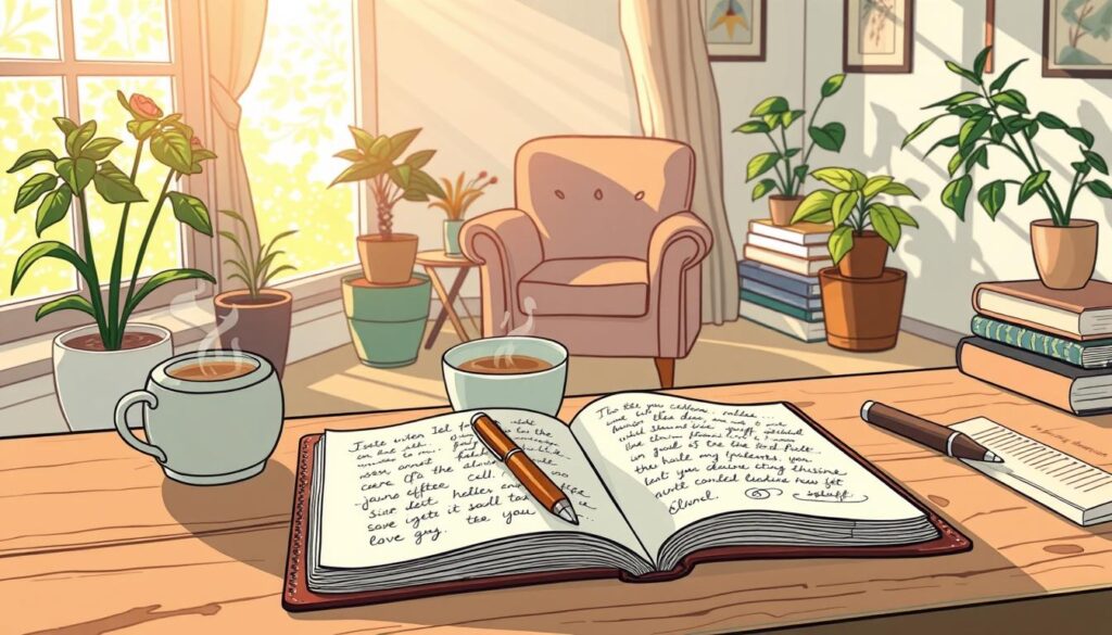 A serene workspace setting illustrating the concept of journaling for reflection. In the foreground, a wooden desk is adorned with an open leather-bound journal, a fountain pen, and a steaming cup of herbal tea. Dappled sunlight filters through a nearby window, casting soft, warm light that highlights the pages of the journal filled with handwritten notes and doodles. In the middle background, there is a cozy armchair inviting contemplation, surrounded by potted plants adding a touch of nature. The room exhibits calming colors like soft greens and neutral browns, creating a peaceful atmosphere conducive to self-reflection. A few inspiring books are neatly stacked nearby. The mood is introspective and tranquil, perfect for enhancing self-awareness practices. Include the brand name "nextself.ai" subtly integrated into the image. A serene workspace setting illustrating the concept of journaling for reflection. In the foreground, a wooden desk is adorned with an open leather-bound journal, a fountain pen, and a steaming cup of herbal tea. Dappled sunlight filters through a nearby window, casting soft, warm light that highlights the pages of the journal filled with handwritten notes and doodles. In the middle background, there is a cozy armchair inviting contemplation, surrounded by potted plants adding a touch of nature. The room exhibits calming colors like soft greens and neutral browns, creating a peaceful atmosphere conducive to self-reflection. A few inspiring books are neatly stacked nearby. The mood is introspective and tranquil, perfect for enhancing self-awareness practices. Include the brand name "nextself.ai" subtly integrated into the image.
